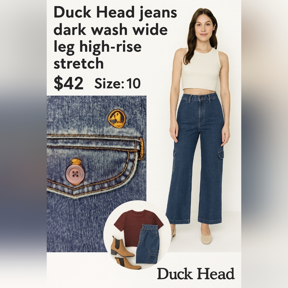 ✨ Duck Head Dark Wash Wide Leg Stretch Jeans Size 10 Vintage Utility Cargo Style